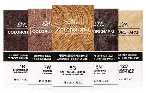Five boxes of Wella Color Charm permanent liquid hair color in various shades and color codes.