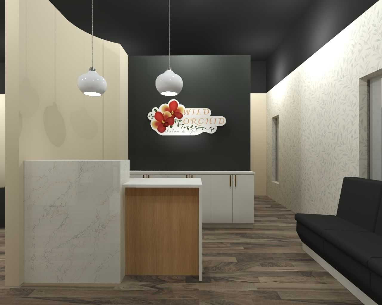 Modern reception area with "Wild Orchid" sign, pendant lights, and a mix of marble and wood elements.