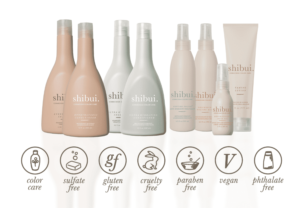 Set of Shibui hair care products with icons displaying color care, cruelty-free, vegan, and more features.