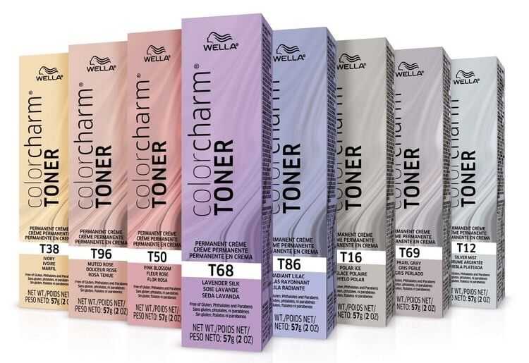 Wella Color Charm Toner boxes in various shades lined up, including T38, T96, T50, T68, T14, T18, T16.