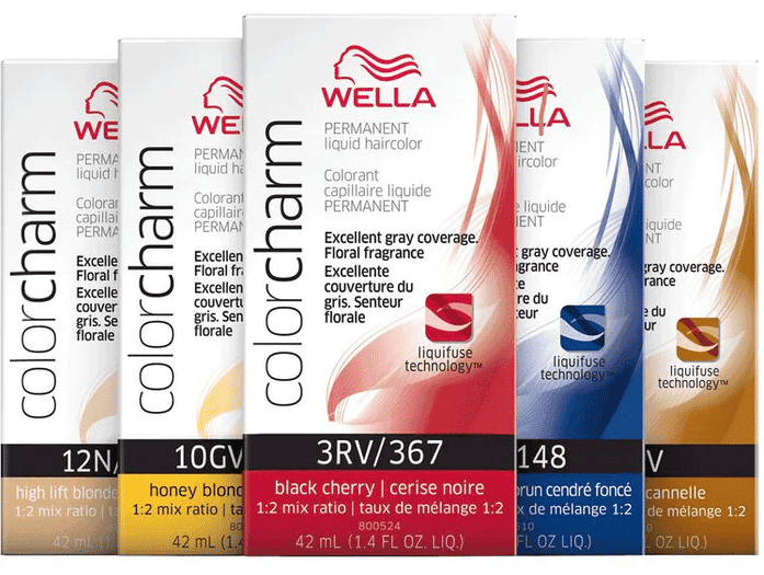 Wella Color Charm permanent liquid haircolor boxes in various shades with floral fragrance.
